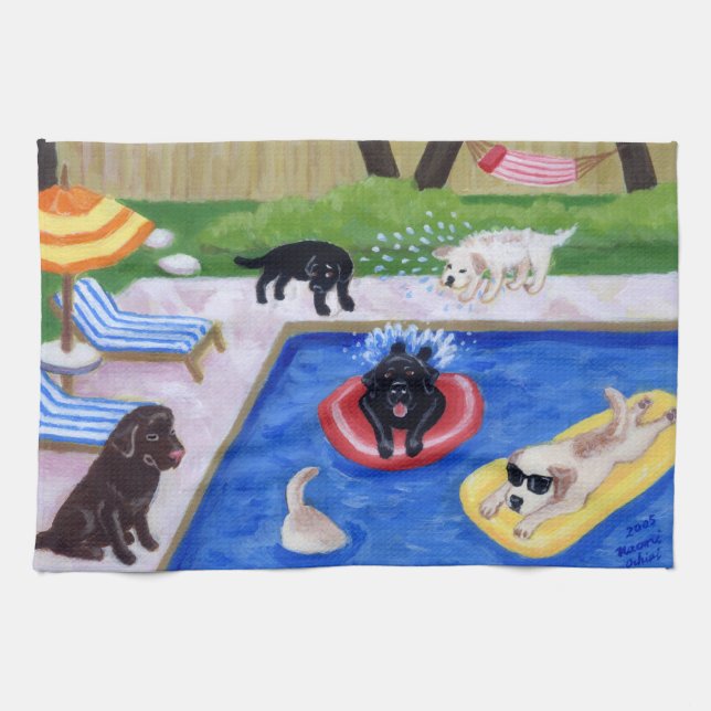 Pool Party Labradors Painting Tea Towel (Horizontal)