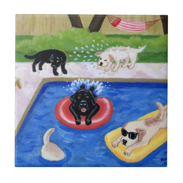 Pool Party Labradors Painting Tile (Front)