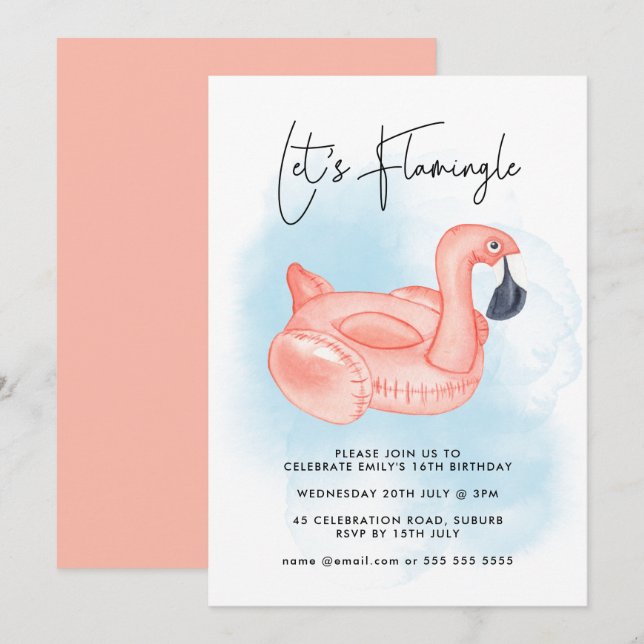 Pool Party Let's Flamingle Flamingo Teen Birthday Invitation (Front/Back)