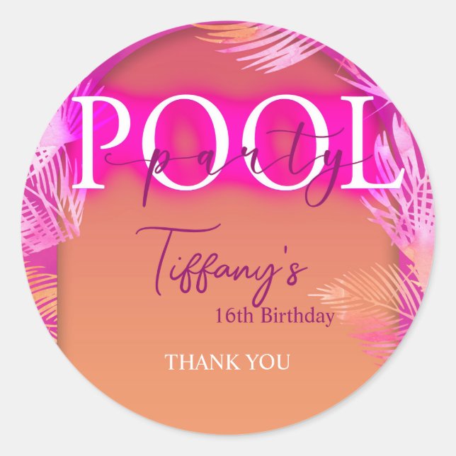 Pool Party Malibu Birthday Classic Round Sticker (Front)