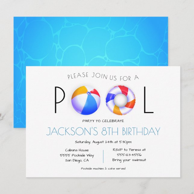 Pool Party Minimalist  Invitation (Front/Back)
