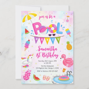 Pool Party   Modern Summer Themed Birthday Party Invitation