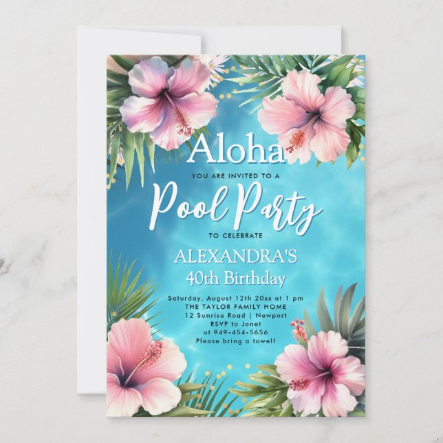 Pool Party Modern Tropical Hybiscus 40th Birthday Invitation (Front)