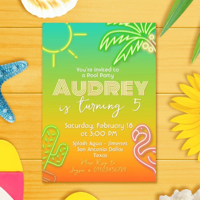 Pool Party Neon - Tropical - Aloha Invitation (Pool Party Tropical Neon Invitation )