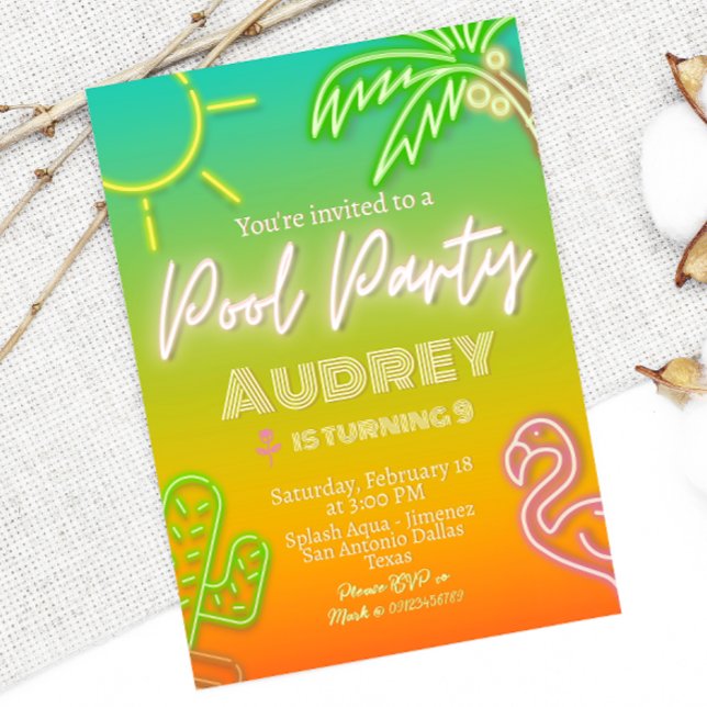Pool Party Neon Tropical Invitation (Creator Uploaded)