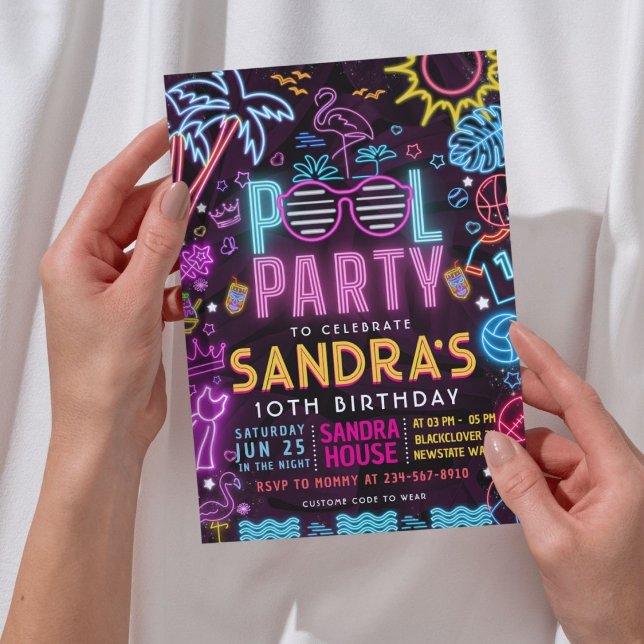 Pool Party Night | Neon Glow Birthday Party Invitation (pool party invitation)