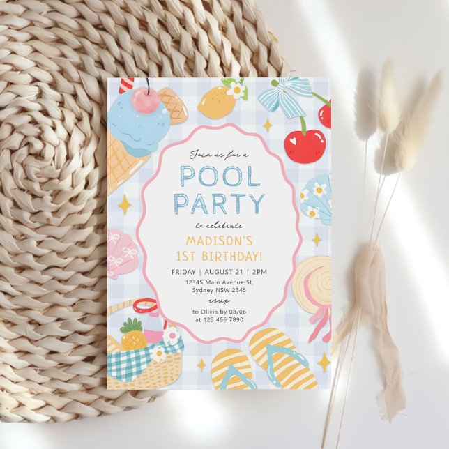 Pool Party Pastel Doodle Beach Birthday Invitation (Creator Uploaded)