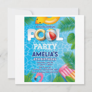 pool party personalised birthday party invitation 