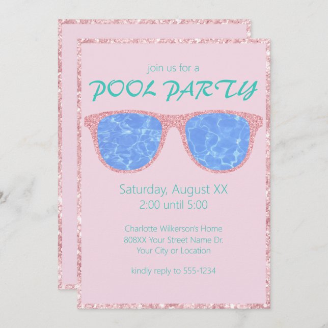 Pool Party Pink Glitter Sunglasses Invitation (Front/Back)