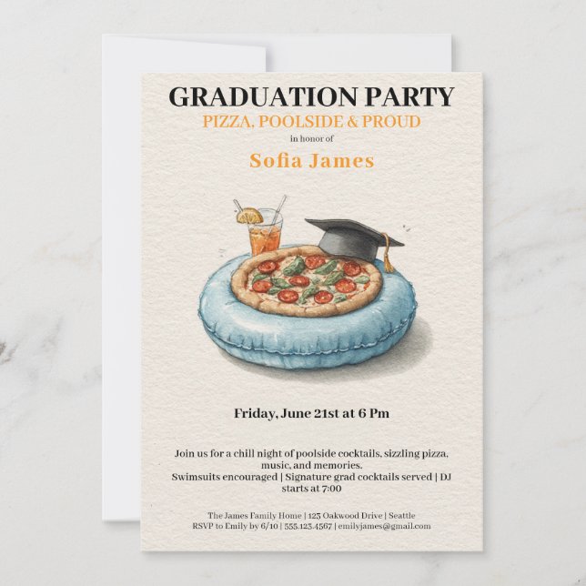 Pool Party Pizza Graduation Celebration Invitation (Front)