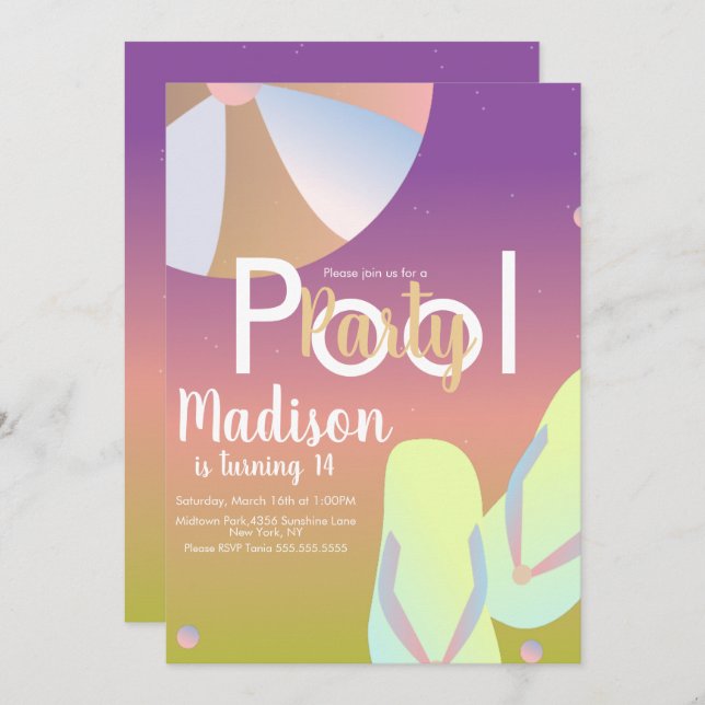 Pool Party Rainbow Ombre Birthday Invitation (Front/Back)