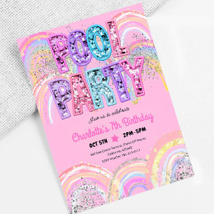 Pool Party Rainbow Sequin Glitter Birthday Invitation