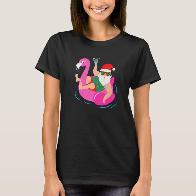 Pool Party Santa Sunglasses Flamingo Christmas In  T-Shirt (Front)