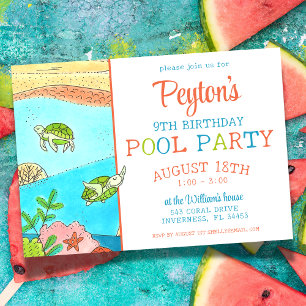 Pool Party Sea Turtle Summer Birthday Invitation