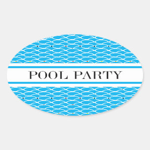 POOL PARTY Sky Blue White Waves Racing Stripes Oval Sticker