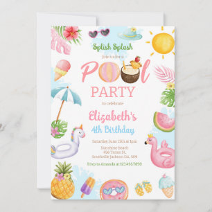 Pool Party Splish Splash Summer Beach Birthday Inv Invitation