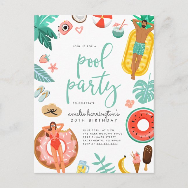 Pool Party Summer Birthday Invitation Postcard (Front)