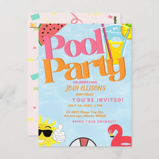   Pool Party Summer Birthday Invitation Watermelon Postcard (Front/Back)