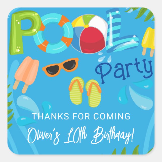 Pool Party Summer Boy Birthday Party Favour Square Sticker (Front)