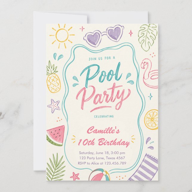 Pool Party Summer hand drawn Birthday Invitation (Front)