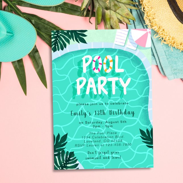Pool Party Summer Modern Tropical Trendy Birthday Invitation (Creator Uploaded)