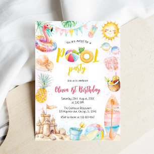 Pool Party Summer Theme Birthday Party Invitation