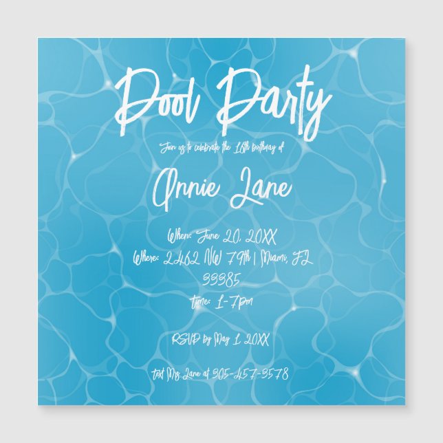 Pool Party Sweet 16 Water Blue Minimalist Bday Magnetic Invitation (Front)