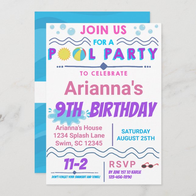 Pool Party Swim Birthday Invitation (Front/Back)