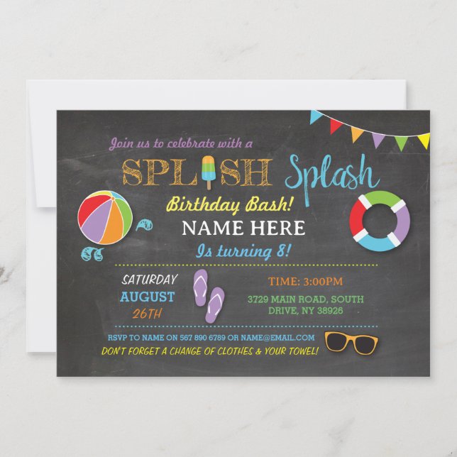 Pool Party Swimming Birthday Splish Splash Invite (Front)