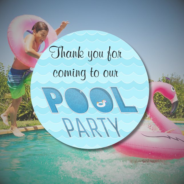 Pool Party Thank You with Unicorn Float Classic Round Sticker (cheerful unicorn float pool party thank you)