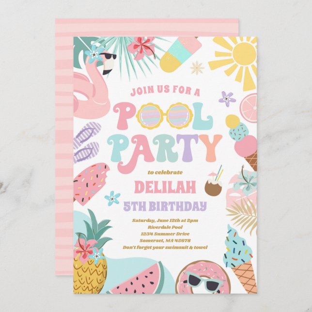 Pool Party Tropical Summer Pool Birthday Party Invitation (Front/Back)