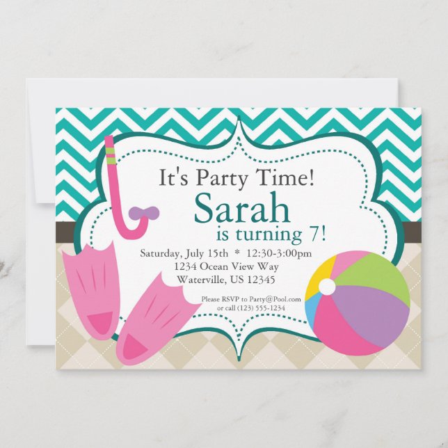 Pool Party Turquiose Chevron and Tan Argyle Invite (Front)