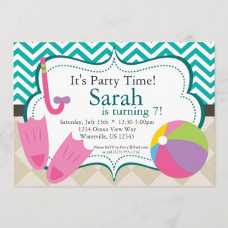 Pool Party Turquiose Chevron and Tan Argyle Invite