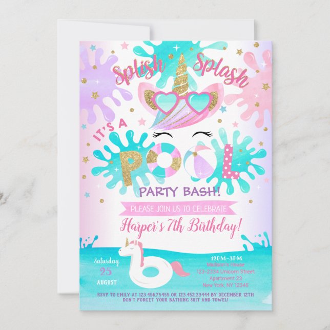 Pool Party Unicorn Birthday Party Invitations Girl (Front)