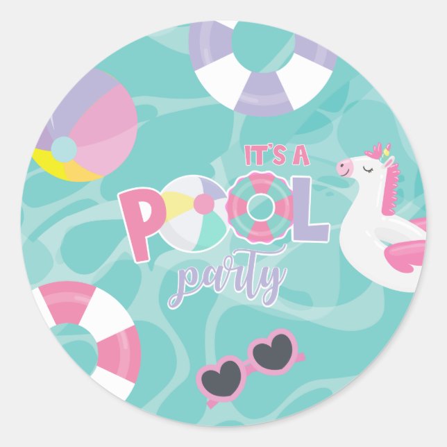 Pool party Unicorn Pink and Purple Birthday Classic Round Sticker (Front)