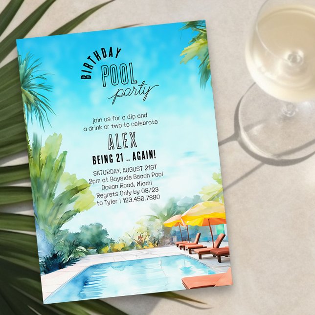 Pool Party Watercolor Any Age Adult Birthday Invitation (Pool Party Invitation with tropical poolside landscape for adults of any age)