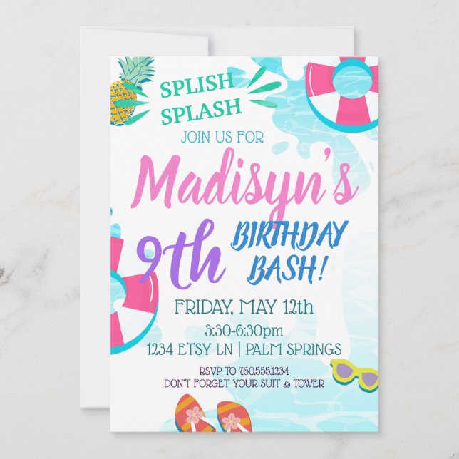 Pool Party Watercolor Splish Splash Birthday RSVP Invitation (Front)