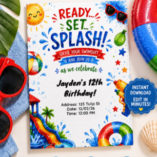 Pool Party Waterslide Birthday Invitation for kids