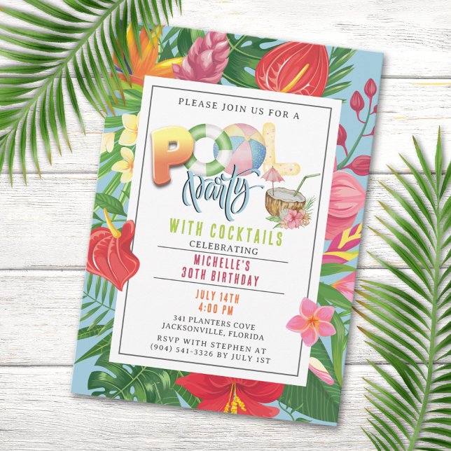 Pool Party with Cocktails Birthday Party Invitation (Creator Uploaded)