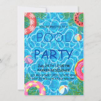 Pool Party with Colourful Beach Balls & Pool Rings Invitation
