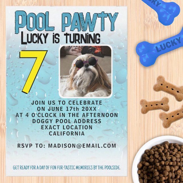 Pool pawty puppy dog custom photo birthday party invitation (Pool pawty puppy dog custom photo birthday party invitation by Isabella Hippie Lou)
