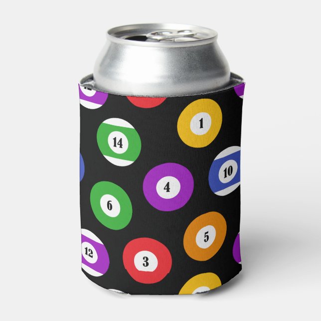 Pool Player Pool Balls Patterned Black Can Cooler (Can Front)