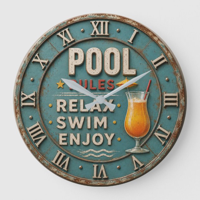 Pool Rules Swimming  Decor  Large Clock (Front)