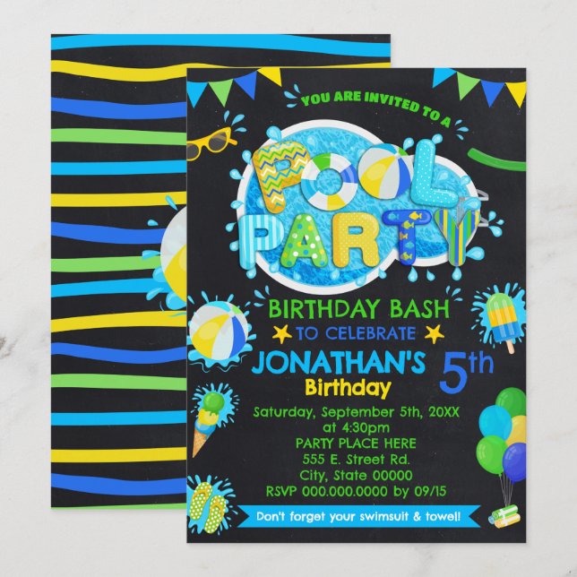 Pool Summer Birthday Bash Blue Green Yellow Party Invitation (Front/Back)
