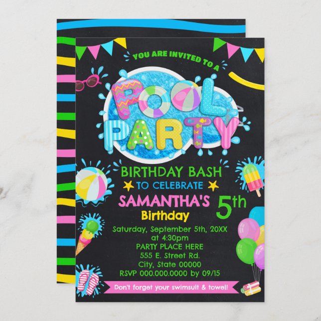 Pool Summer Birthday Bash Children Pink Party Invitation (Front/Back)