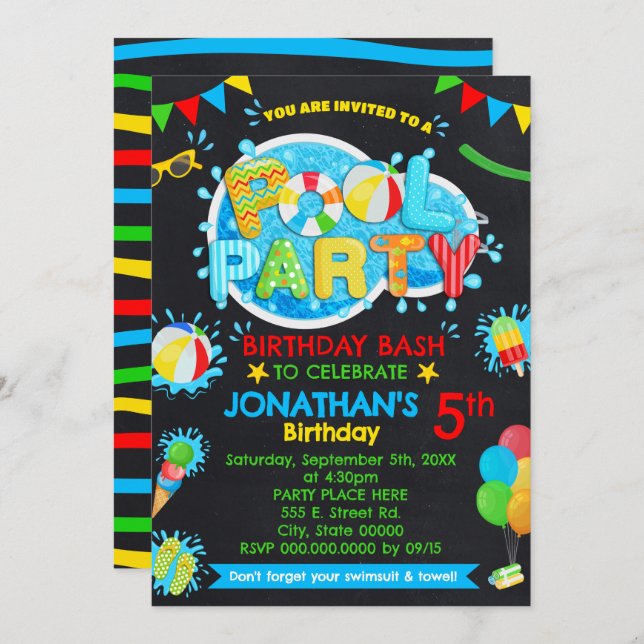 Pool Summer Birthday Bash Primary Colours Party Invitation (Front/Back)