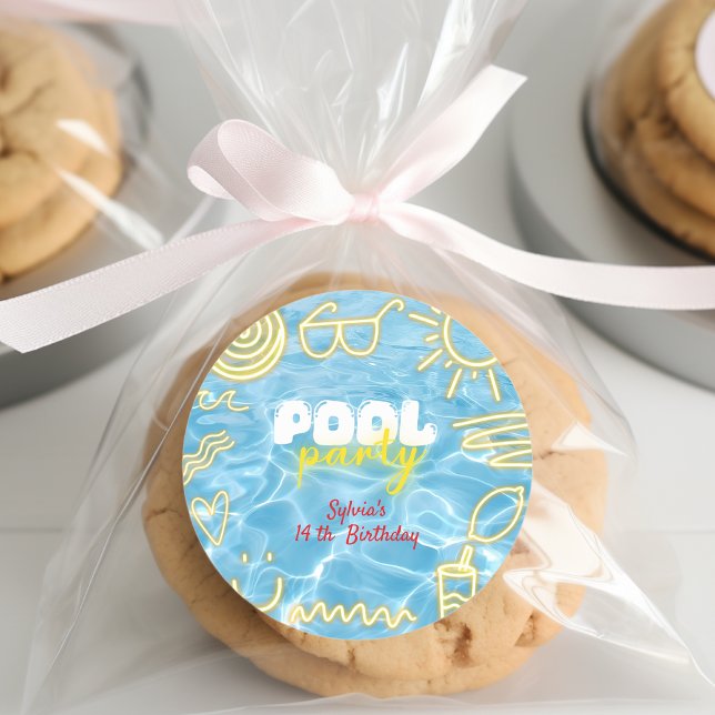 Pool summer neon vibes birthday party classic round sticker (Creator Uploaded)