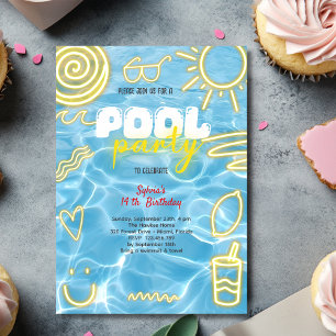 Pool summer neon vibes birthday party invitation