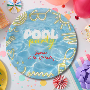 Pool summer neon vibes birthday party paper plate