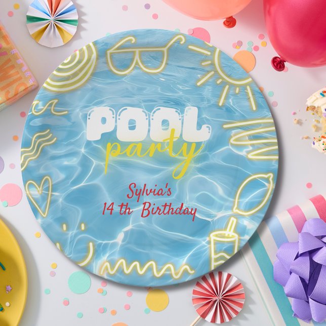 Pool summer neon vibes birthday party paper plate (Creator Uploaded)